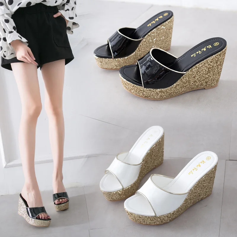 

Socofy Shoes Women Slippers Heels Platform Bling Bling Peep Toe On A Wedge Slides Flock Soft High 2019 Sliders Rome Wedges PU