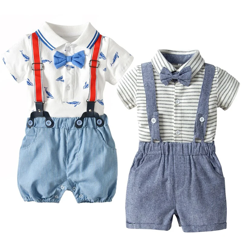 

0-3Yrs Summer Newborn Baby Boy Girl Clothes Set Bow Little Shark T-shirt Overalls +Blue Shorts Outfits Clothes Baby Clothing Set