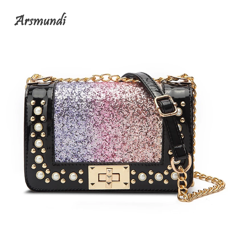 

Arsmundi New Women Bag Rainbow Sequins Rivet Shoulder Bag Pearl Turn Lock Messenger Crossbody Bags Fashion Small Square Handbags