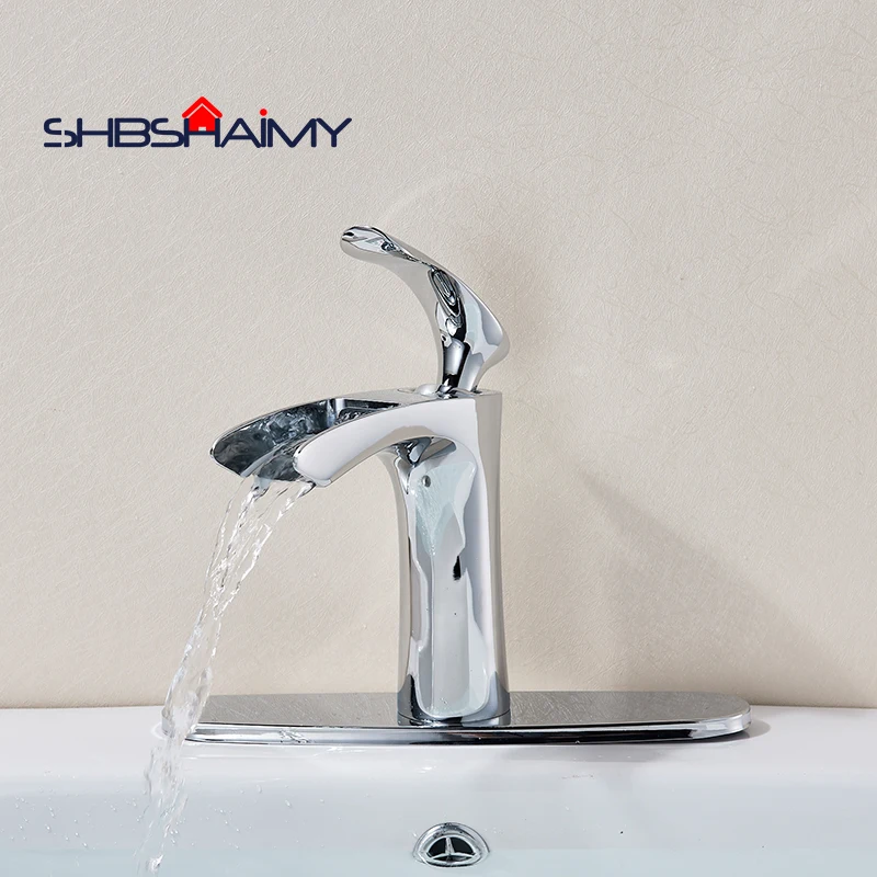 

Chrome Polished Single Handle Waterfall Bathroom Basin Faucet Deck Mounted Single Handle Mixer Tap with Cover Plate