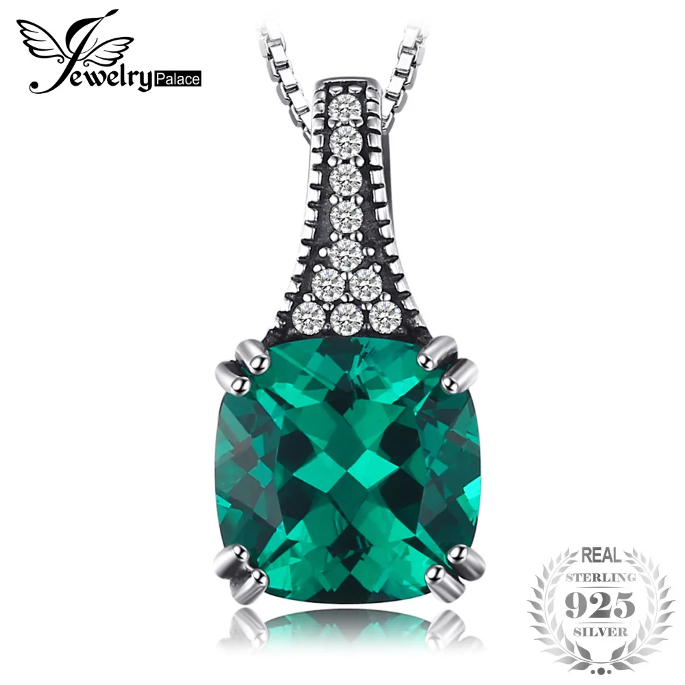 JewelryPalace Classic 2.1 ct Cushion Created Emerald Necklaces Pendants Solid 925 Sterling Silver 45cm Box Chain Vintage Jewelry