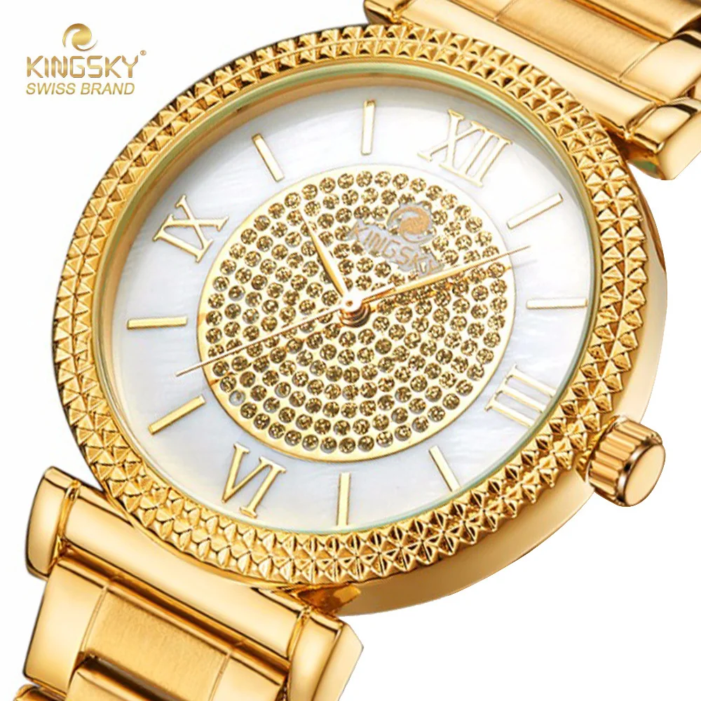 

Kingsky Roman Numerals Lady Watch Stainless Steel Bracelet Gold Fashion Quartz Watches For Women G3136# 2017 New