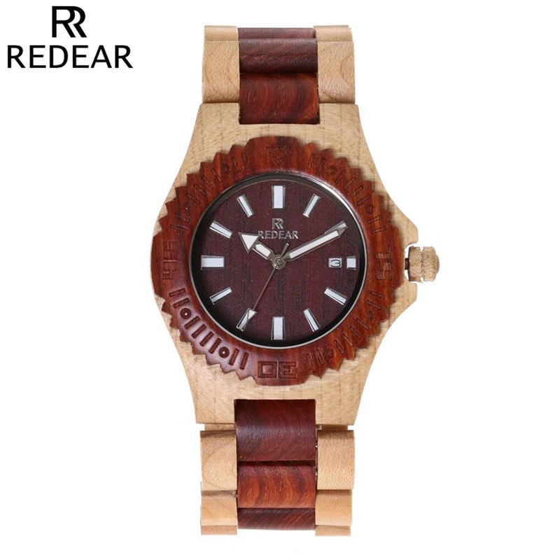 

REDEAR Men's Red Sandalwood Quartz Watches Natural Solid Wooden Man Watch Auto Date Wooden Wristwatches Clock Reloj Mujer SJ1511