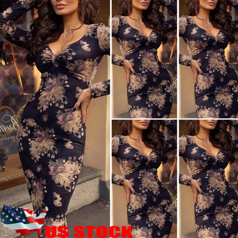 

US Women's Bandage Bodycon Long Sleeve Evening Party Cocktail Club Midi Dress