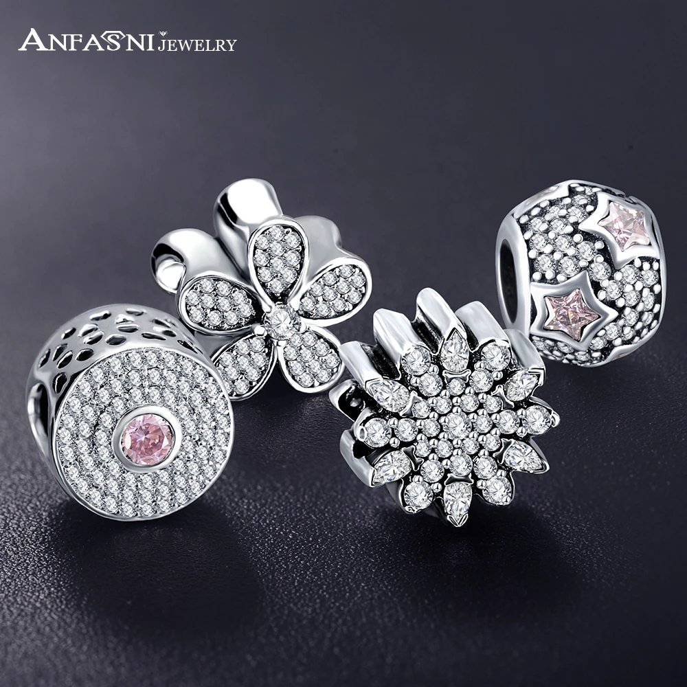 ANFASNI Original Clear CZ Flower Butterfly Star Bead Charm Fit Pandora Bracelets Bangles 925 Sterling Silver