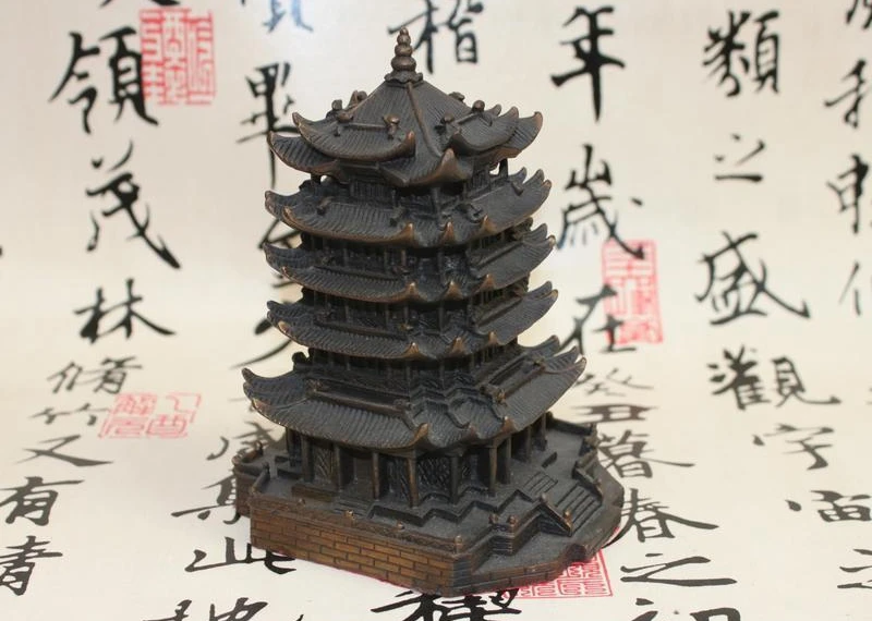

Chinese Pure Bronze Copper carved Yellow Crane Tower pagoda tower Statue a 0518