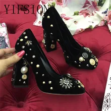 YIFSION New Spring Summer Retro Velvet Women Pumps Round Toe Slip On Pearl Metal Decoration Chunky High Heel Pumps Shoes Woman retro women s pumps with chunky heel and platform design