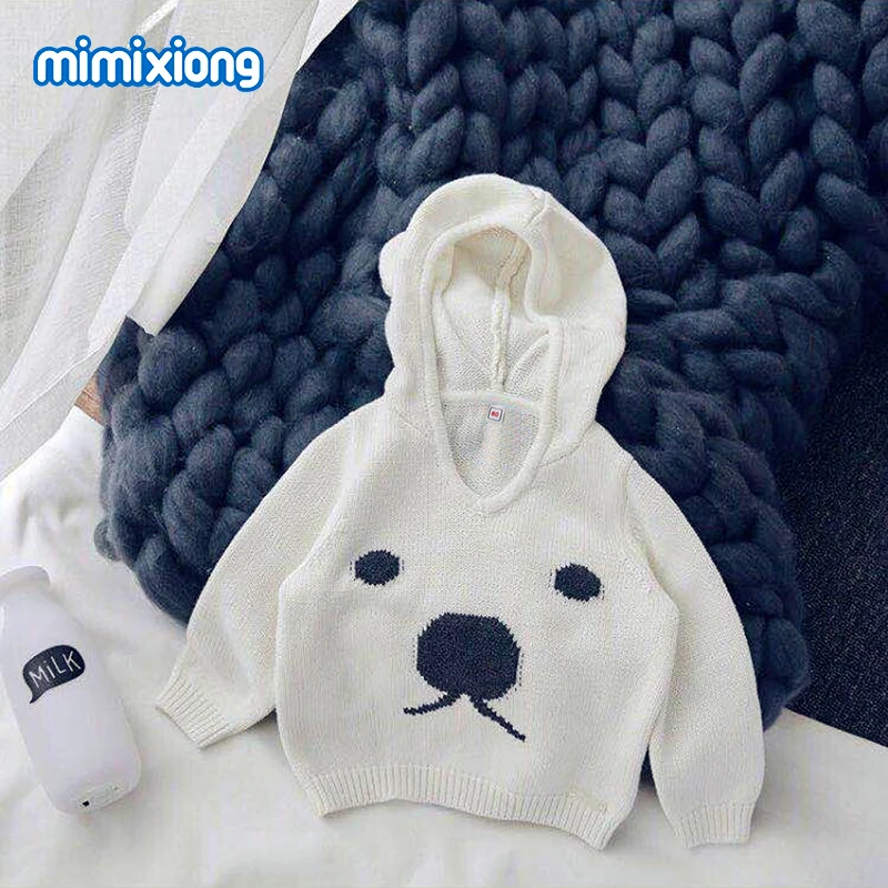 

Cute Bear Sweater For Boy Hooded Long Sleeve Newborn Baby Pullovers White Knitted Infant Girls Knitwear Top Spring Children Wear