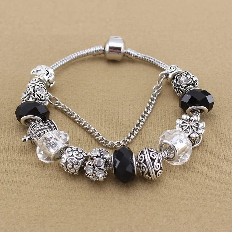 

New European Retro Black And White Glass Crystal Crown Silver Plated Ladies Noble Pan Bracelet DIY Handmade Women Jewelry