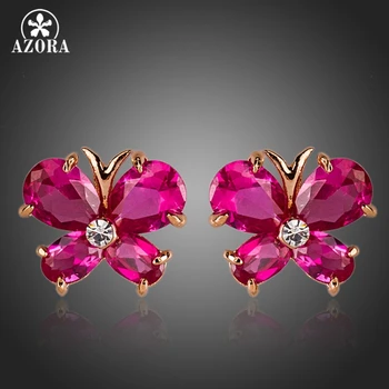 

AZORA Gold Color Rose Red Cubic Zirconia Cute Butterfly Stud Earrings TE0144