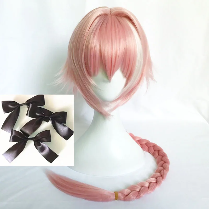 

High Quality Anime Fate/Apocrypha Astolfo Cosplay Wigs Heat Resistant Synthetic Hair Pink Braided Cosplay Wig + 3 Black Bowknots