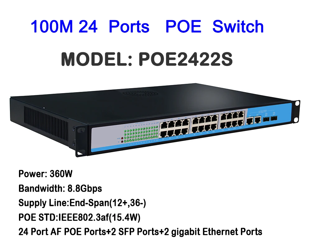 2 Gigabit Uplink Network 24 Ports 360W PoE Switch 1U Chassis