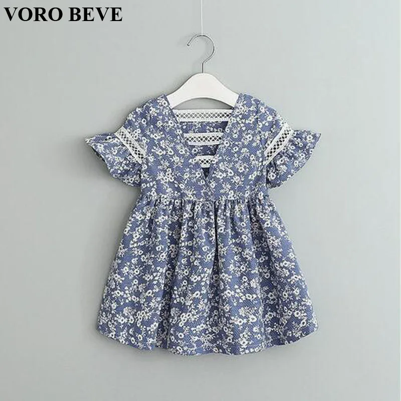 VORO BEVE Summer Baby Girl Dress Blue and White Porcelain Hollow Hood Sleeve Dress Fashion Children