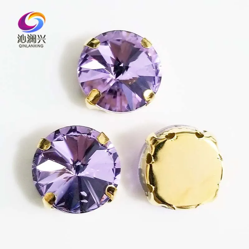 Crystal violet round shape golden bottom AAA Glass Crystal sew on claw rhinestones with holes,Diy Clothing accessories SWRG18