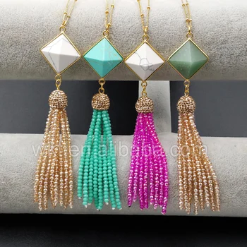

WT-N900 Unique Bohemian Tassel Necklace design for Women Jewelry,Natural howlite Stone Pendant & Colorful Tassel Gold Necklace