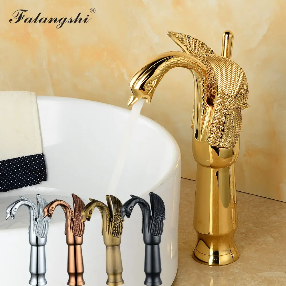 

Bathroom Faucets Golden Finish Cold And Hot Water Luxury Swan Design Washbasin Taps Vanity Vessel Sink Mixer Taps WB1026