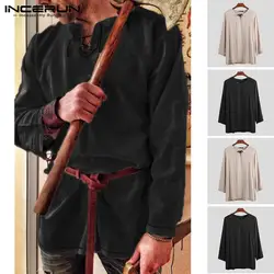 INCERUN 2019 мужская туника, рубашка, древний славянский рыцарь викингов, длинный рукав, средневековый воин, топы, ретро, v-образный вырез, рубашки