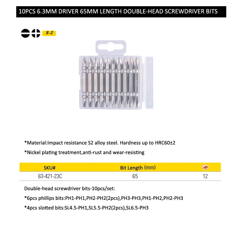 63-421 10pcs 6.35mm screwdriver bits set double head 65mm long size