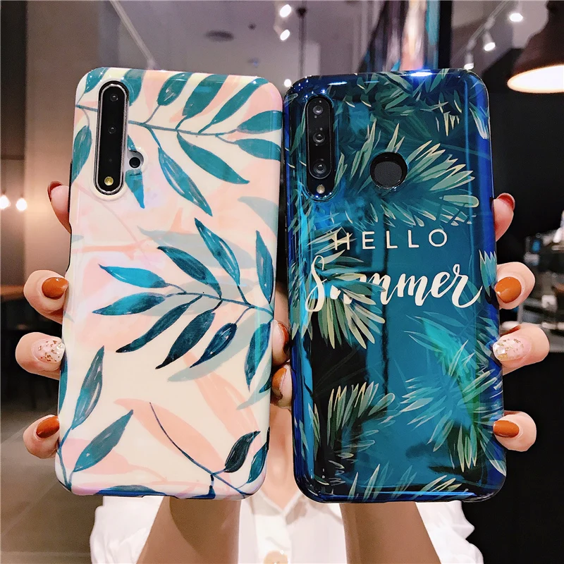 

Shiny Blu-Ray Tropical Flower Green Leaf Phone Case For Huawei Honor 20 20i 20Pro Retro Soft Protective Cover for Honor 20 Pro