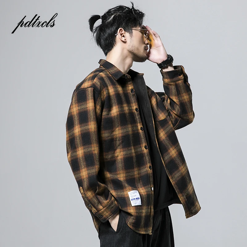 

Japanese Style Fashionable Brand Bump Color Plaid Thicken Fleece Men's Shirts Hip Hop Autumn Casual Vintage Plaid Male Shirts