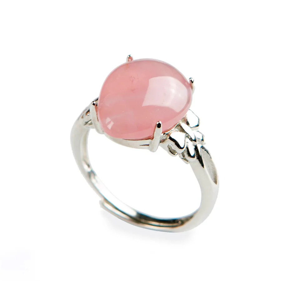 Genuine Pink Natural Rose Quartz Rings For Women Lady 925 Sterling