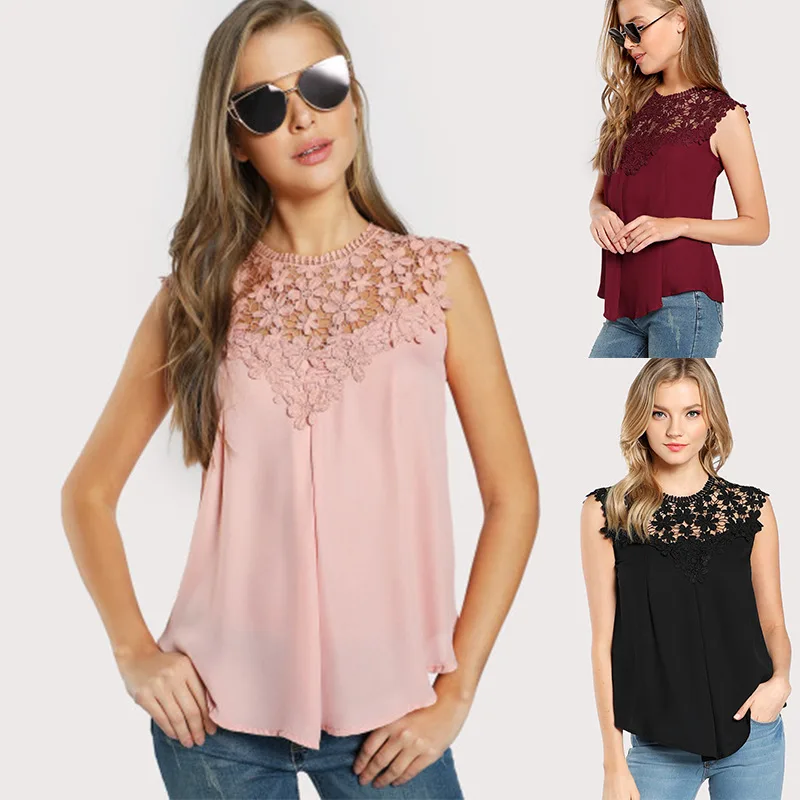 

Fashion Women's Blouses Solid Color Cutout Tee Spring Long-Sleeve Leisure Lace Panel Long-Sleeve Women's Shirt