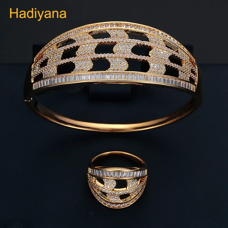 

HADIYANA Luxury AAA CZ Zirconia Bangles And Rings 2pc sets Crystal Lover Bracelet Jewelry Brand U Buckle Bangle Ring Model SZ176