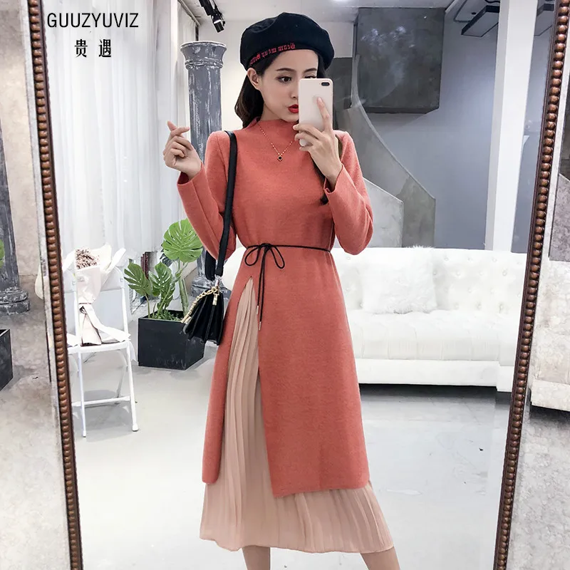 

GUUZYUVIZ Casual Dress Women Knitted Dress Woman Autumn Winter 2018 Patch Work Women Dresses Long Sleeve Vestidos Mujer