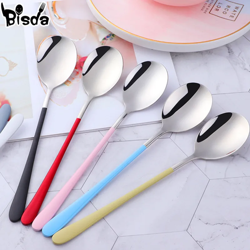 

Colorful Korean Spoon Stainless Steel Soup Spoon Long Handle Dessert Scoop for Rice Porridge Gold Salad Table Spoons Dinnerware