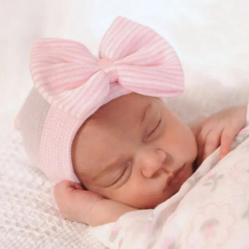 

Newborn baby girl hat Toddler infant kids Warm Winter Hats Striped Caps Soft Girls cap Bow Beanies for 0-3M