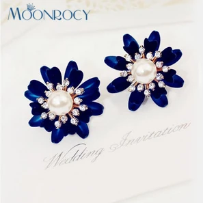 

MOONROCY Drop shipping Fashion Rose Gold Color Fashion Crystal Earring Jewelry New blue flower Imitation Pearl for women Gift