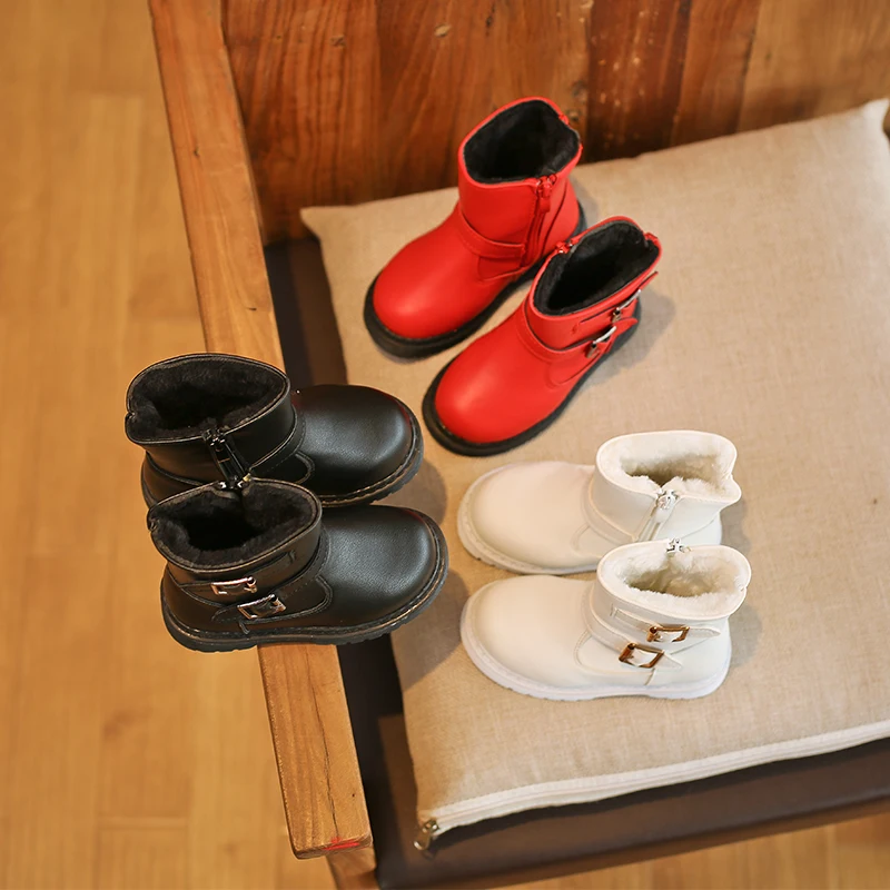 

2018 Boys and Girl's Flat PU Leather Mid-Calf Snow Boots With Long Plush, Children Winter students shoes, Beige, Red, Black
