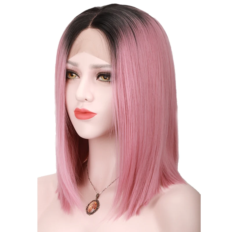 Black Ombre  Pink  Straight Synthetic Lace Front Wigs Bob  