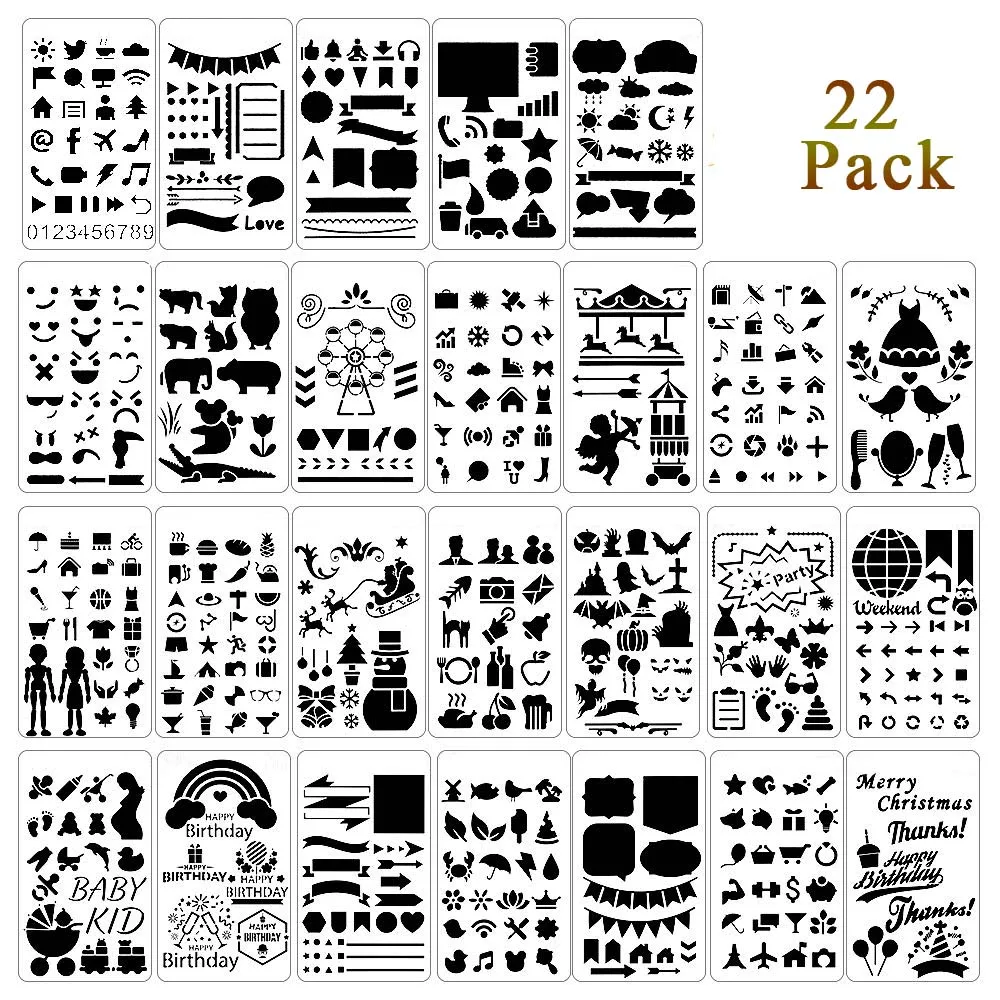 

22 Packs Stencils for Journal and Diary DIY Drawing Stencils Greeting Card Template plastic Bullet Journal Stencil for Notebook