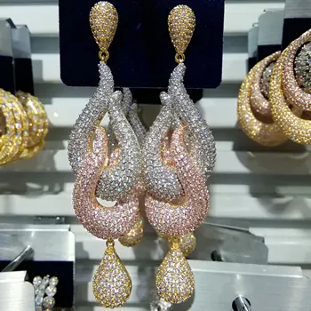 

86MM 2019 Charms Big Statement Earrings For Women Luxury Full Cubic Zircon Wedding Bridal DUBAI Dangle Earrings Jewelry