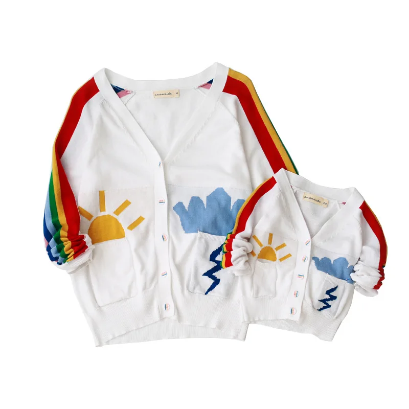 

Family outfits mother daughter cardigan sweaters autumn unisex outwear long sleeve knit shirts for girl boy rainbow sun sweaters