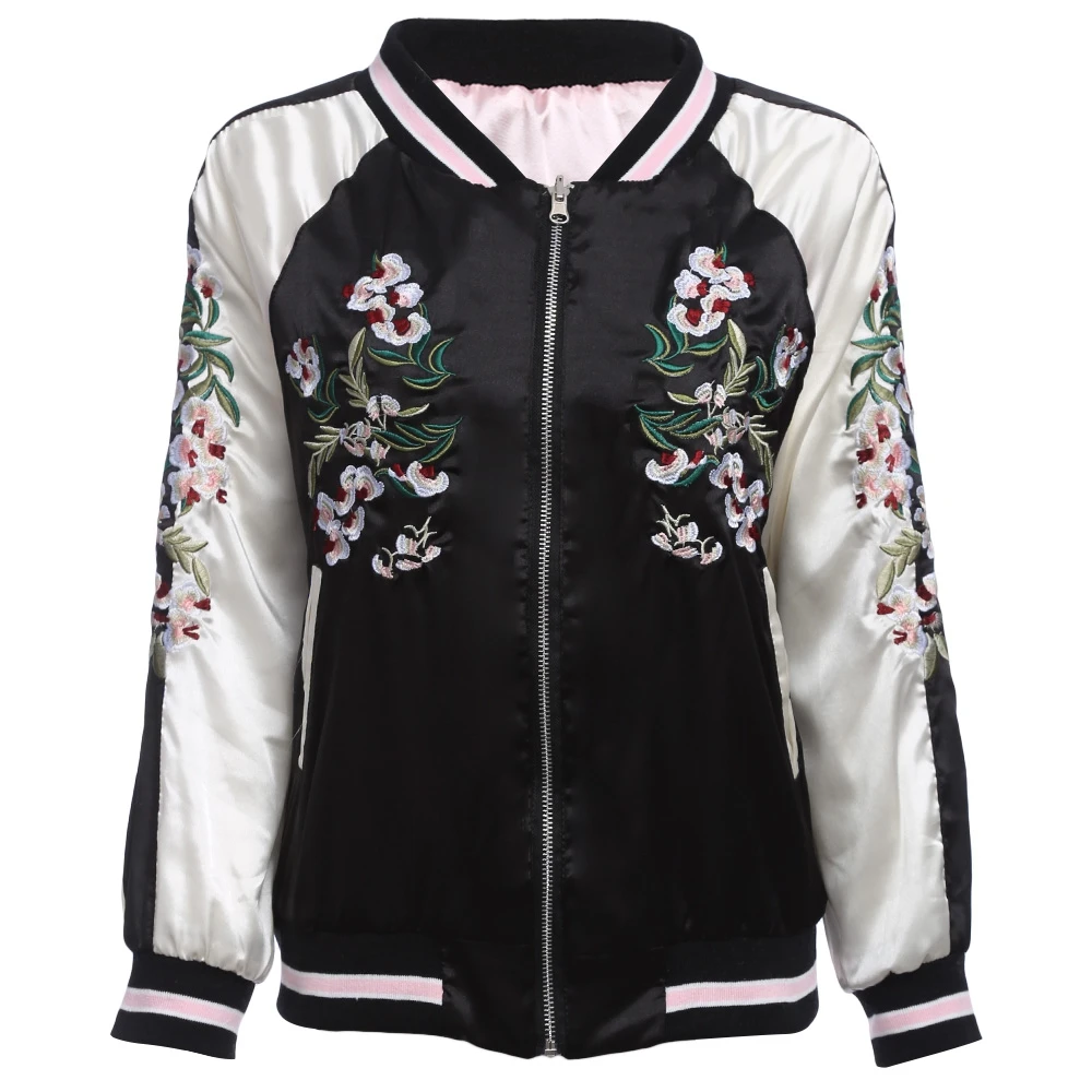 AZULINA Reversible Jacket Coat Floral Embroidered Bomber Jacket Women Autumn Flower Baseball Basic Jacket Female Black Coat 2018
