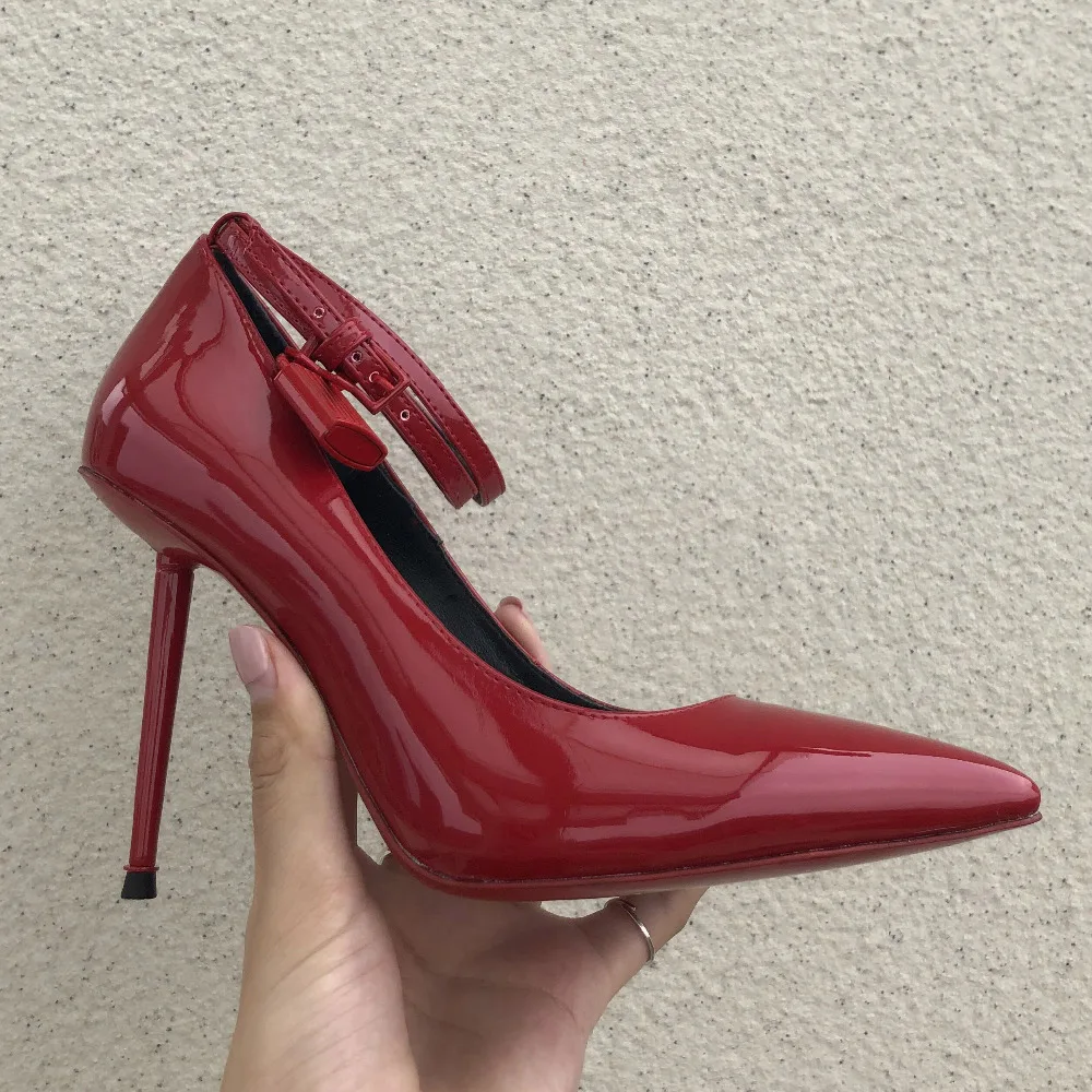 

Fashion Red patent leather lock pump shoes women pointed toe metal thin heels wedding shoes bride ankle strap ladies shoes
