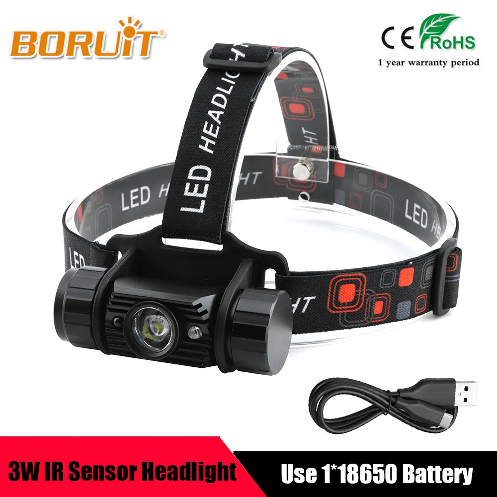 BORUIT 3W Mini IR Sensor Headlight Usb Rechargeable Lanterna Headlamp 350 Lumen 1 Modes LED Head Torch by 18650 Battery