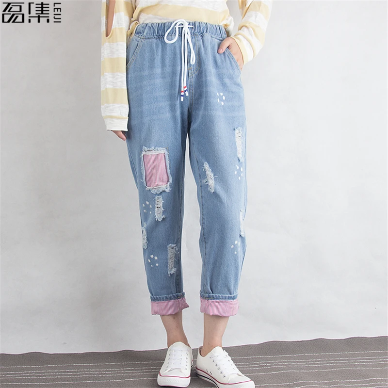 Рваные джинсы для женщин с высокой талией Осень Зима хлопок шаровары свободные размера плюс женские джинсовые брюки 6XL