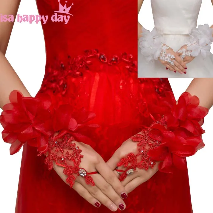 

Cheap Bridal Gloves Wrist Length Ivory Red Flower Wedding Gloves for Bride Beaded Crystal Fingerless Bridal Accessories