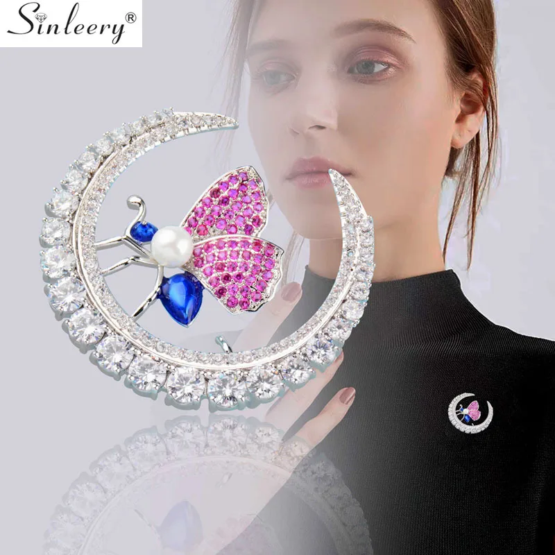 

SINLEERY Blue Enamel Pink Crystal Bee AAA Cubic Zirconia Moon Brooch For Women Lady Luxury Brooch Jewelry CZ035 SSH