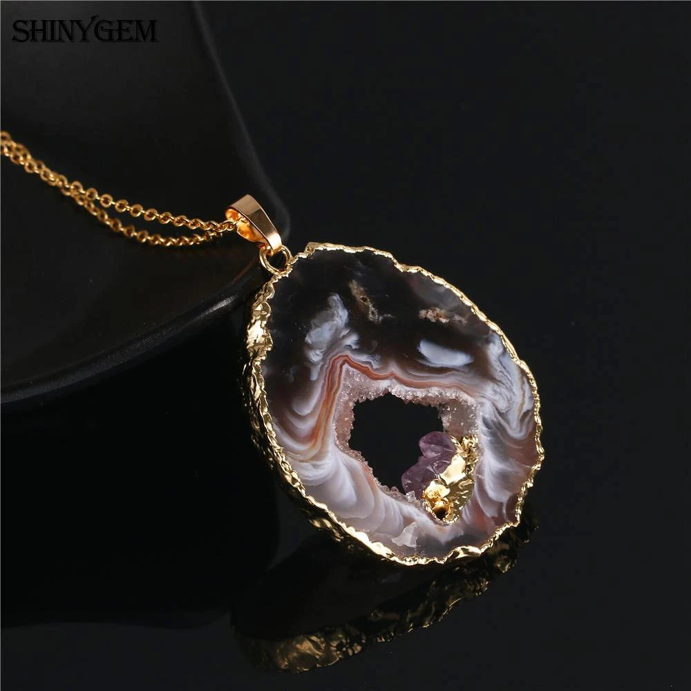 ShinyGem коричневая подвеска-Агат ожерелье с золотым покрытием аметисты Агаты ожерелье Lucky рейки натуральный драгоценный камень ожерелье s для женщин