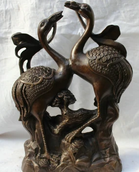 

song voge gem S1849 10" Chinese Fengshui Bronze Double Love Red-Crowned Crane Ruyi Statue Sculpture