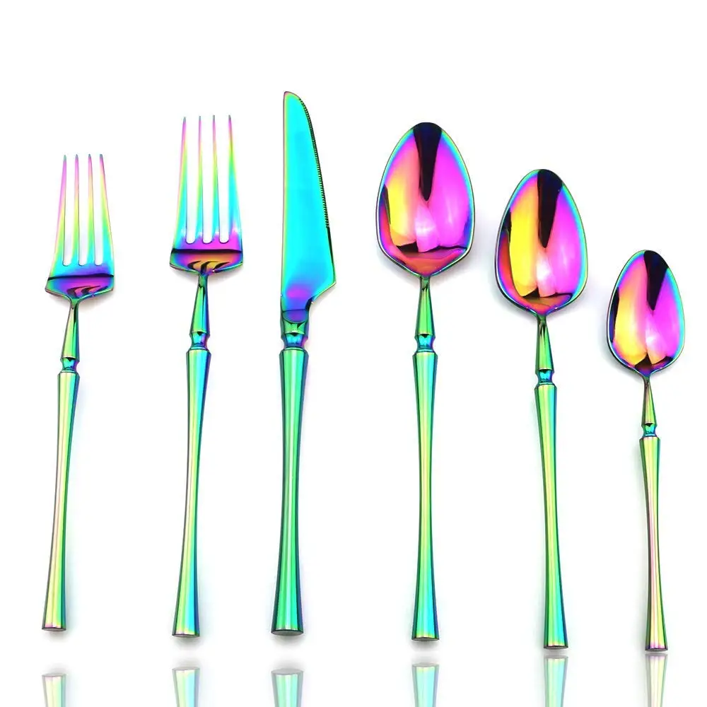 

Luxury 6-Piece Titanium Dinnerware Set 18/10 Stainless Steel Mirror Polishing Rainbow Cutlery New Design Fork Knife Teaspoon