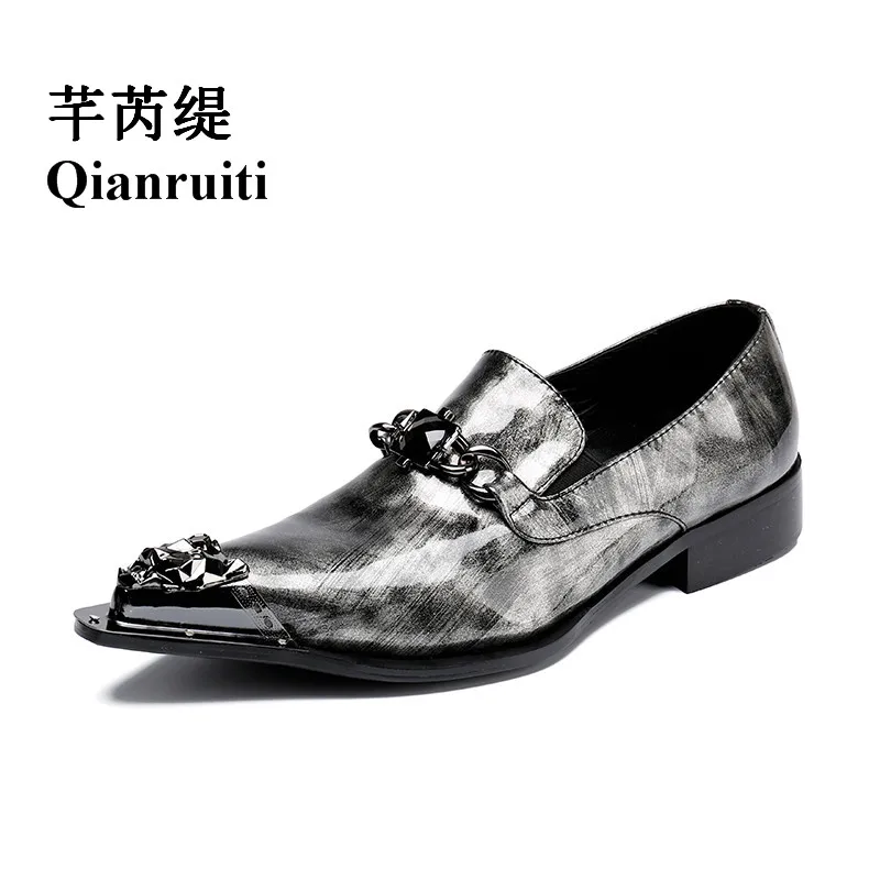 

Fashion Patent Leather Men Dress Shoes Waterproof British Style Metal Toe Wedding Black Chains Slip-on Dress Shoes