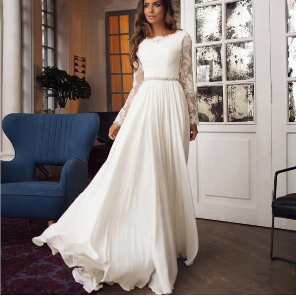 

Lace Backless Boho Chiffon Wedding Dresses 2019 Long Sleeves Beach Bride Dress Wedding Gowns Vestido De Noiva