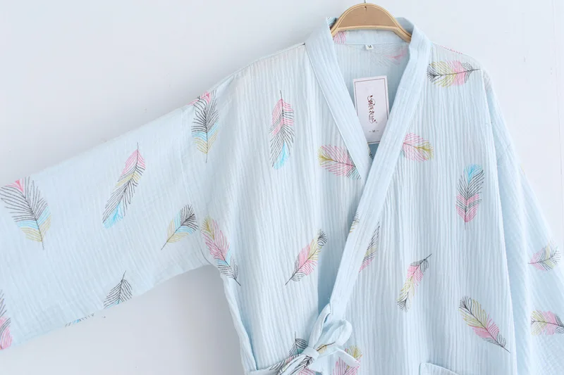 Для женщин креп хлопковый банный халат три четверти женские халаты пижамы мультфильм принтом перьев халат розовый ночной халат