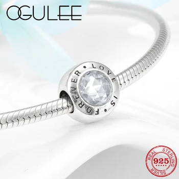 

925 Sterling Silver Love is Forever Shiny Crystal Clear CZ Charms Beads Fit Original Pandora Bracelet Diy Charms Jewelry Making