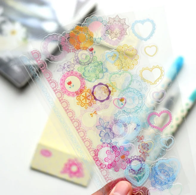4Pcs set DIY Kawaii Rainbow Lace PVC Sticker Lovely Heart Stickers For Scrapbooking Diary Free Shipping